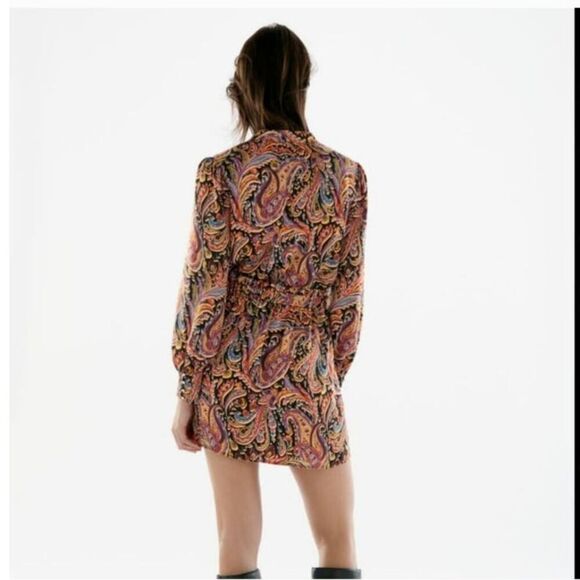 Zara Boho Paisley Mini Dress Long Sleeve Gold Details V Neck Multicolor Size L - Picture 3 of 16